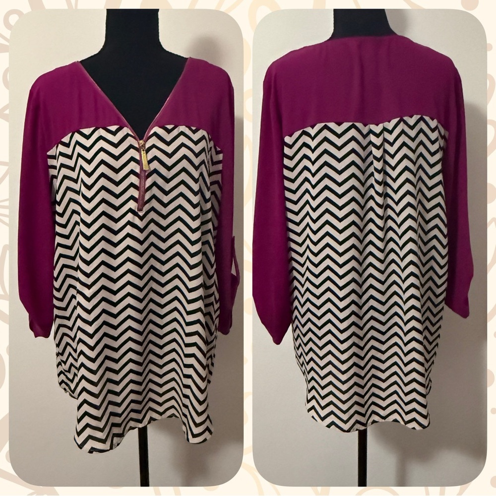 Tacera Purple and Black Chevron Long Sleeve Blouse-Sz Large